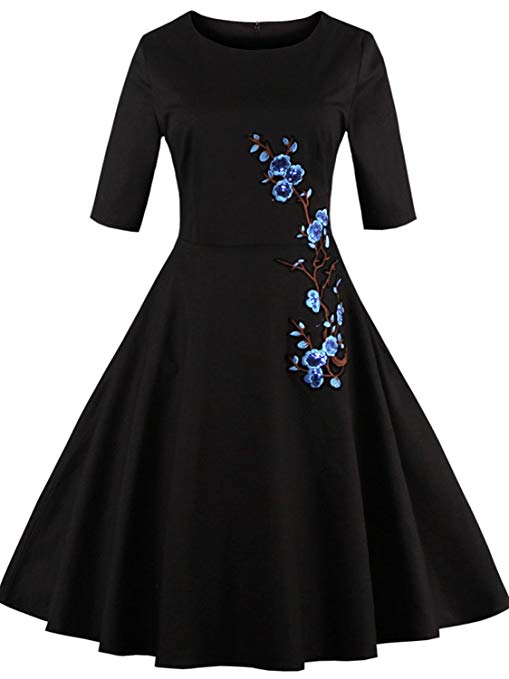 Babyonline Floral Vintage Women Dresses Half Sleeve 1950s Rockabilly Party Gown