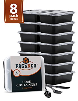 8 Pack 3 compartment Meal prep containers with lids Including 8 FREE Sets Cutlery great for Food Storage, Microwave & Dishwasher Safe, Durable, Reusable, and BPA Free, Bento Lunch Boxes of 36 oz.