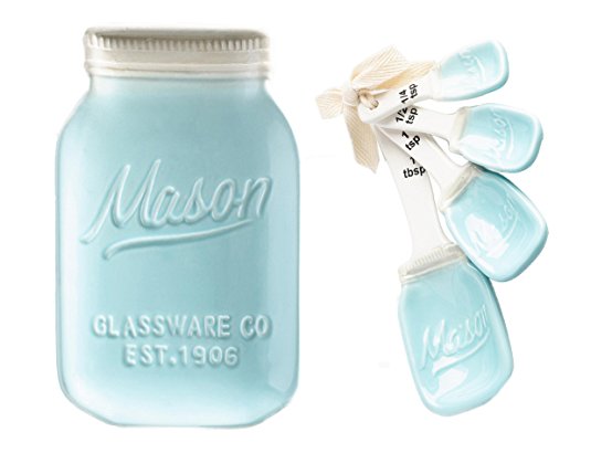 Blue Ceramic Mason Jar Measuring Spoons and Spoon Rest