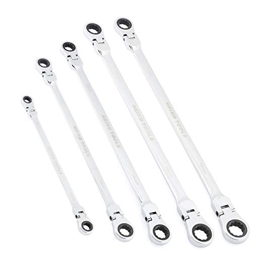 Neiko 03114A Flex-Head Double Box End Ratcheting Wrenches, Chrome Vanadium Steel | Extra Long Design | 5-Piece Set | Metric 8mm - 19mm 3-Pack