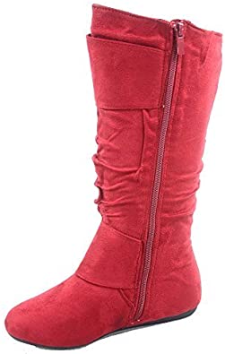 TOP Moda Bank-81 Women's Fashion Round Toe Flat Heel Zipper Buckle Slouchy Mid-Calf Boot Shoes