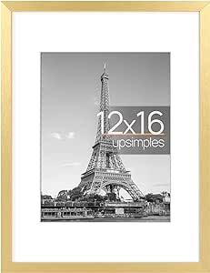 upsimples 12x16 Picture Frame, Display Pictures 8.5x11 with Mat or 12x16 Without Mat, Wall Hanging Photo Frame, Gold, 1 Pack