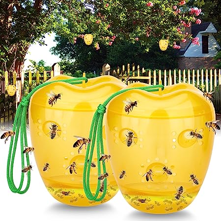 Wasp Trap, Yellow Jacket Trap Outdoor Hanging, Wasp Repellent Outdoor Bee Catcher Traps for Outside, Bee Killer Wasp Deterrent Insect Fly Catcher, Non-Toxic Reusable Hornet Traps (2 Pack, Yellow)