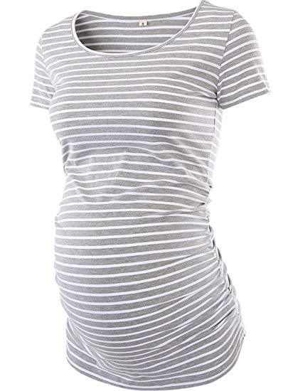 Love2Mi Womens Maternity Tunic Tops Side Ruched T-Shirt Short Sleeve Fitted Pregnancy Clothes