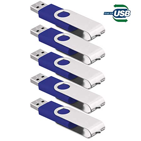 5PCS 1GB USB Memory Stick, TEMENE USB2.0 Swivel Metal Clip Flash Drive Data Storage Thumb Pendrive - Blue