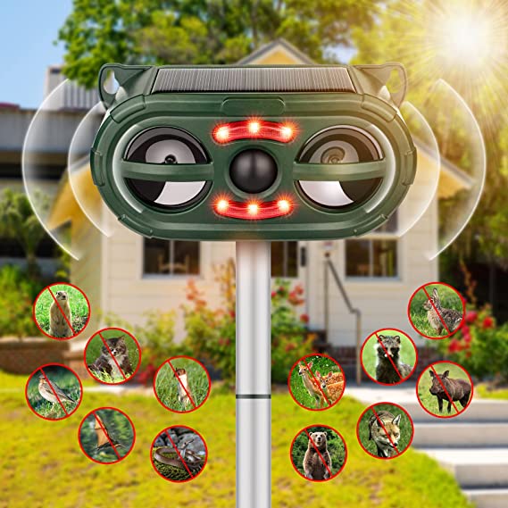 Ultrasonic Solar Animal Repellent Outdoor with Motion Sensor and Sound, Ultrasonic Outdoor Solar Powered Squirrel Cat Raccoon Repellent, Animal Deterrent Devices Outdoor Solar for Yard