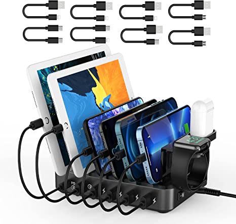 Charging Station for Multiple Devices,68W 6-Port USB Charging Station with PD 20W USB-C & QC 3.0 Fast Ports,8 Short Charging Cables and AlrPods iWatch Holder Included for iPhone iPad,Tablets