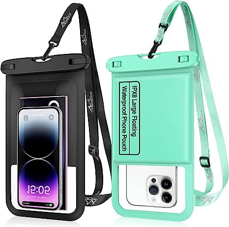 MoKo Floating Waterproof Phone Pouch - 9.5" Large Clear Phone Water Protector Pouch Dry Bag Case with Lanyard, Compatible for iPhone 14 13 12 Pro Max, Galaxy S23 S22 Ultra, 2 Pack Black Mint Green