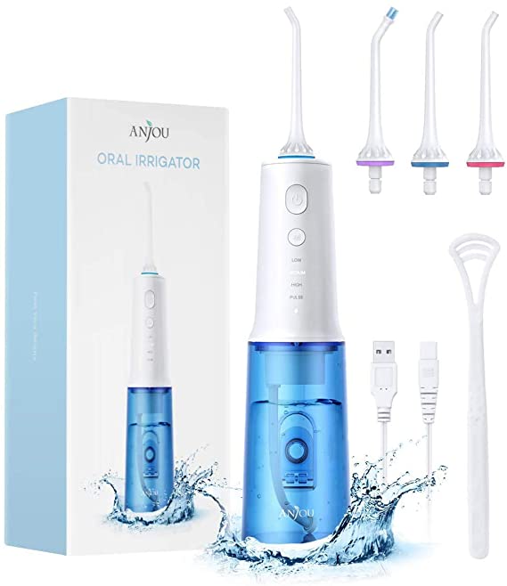 Water Flosser Cordless Teeth Cleaner, Anjou 320ML Professional Dental Oral Irrigator 4 Modes & Jets IPX7 Waterproof Cleanerable Water Tank Portable and USB Rechargeable for Home Travel, Braces & Bridge Care