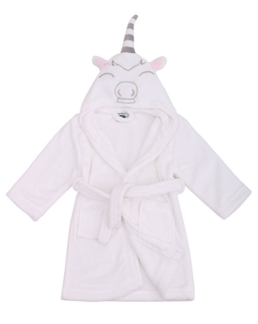 Girls Robe Animal Plush Soft Hooded Terry Bathrobe,Unicorn White,M(4-6 Years)