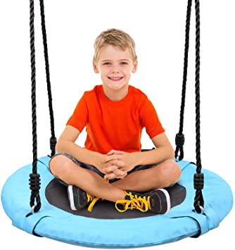 Odoland 24 inch Children Tree Swing SwingSeat, Outdoor Saucer Rope Swing Platform Swing for Kid, Round Swingset wirh Adjustable Hanging Ropes for Indoor, Backyard and Playground