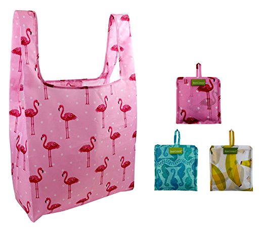 BeeGreen Reusable Grocery Bags for Women and Girls 3 Pack, Foldable into Attached Pouch, Waterproof Ripstop Polyester, Washable,Durable and Lightweight