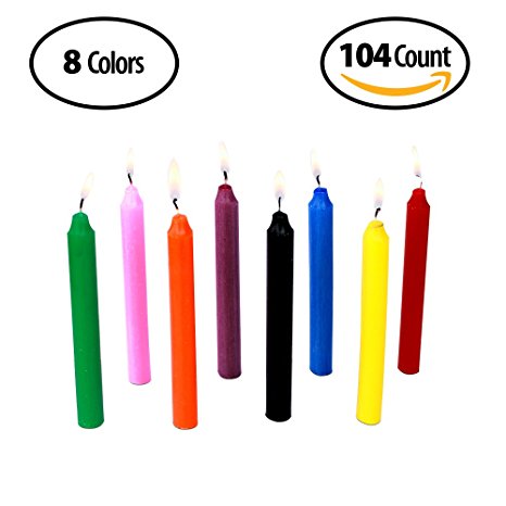 104 Colored Candles, 8 Colors - 13 Candles of each Color, Unscented 5"H X 1/2"D, No Smoke for Hanukkah, Parties, Birthdays and Color Therapy by Exquizite