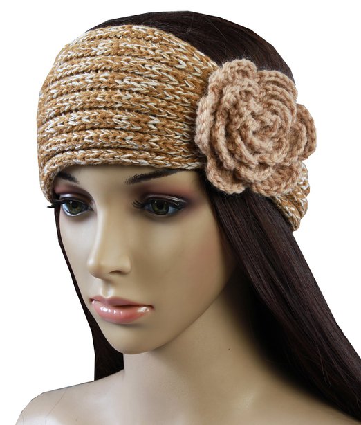 Womens Winter Crochet Headband Double Color Mixture Yarn Knit Hair Band Classic Color Rose Flower Ear Warmer Headwrap