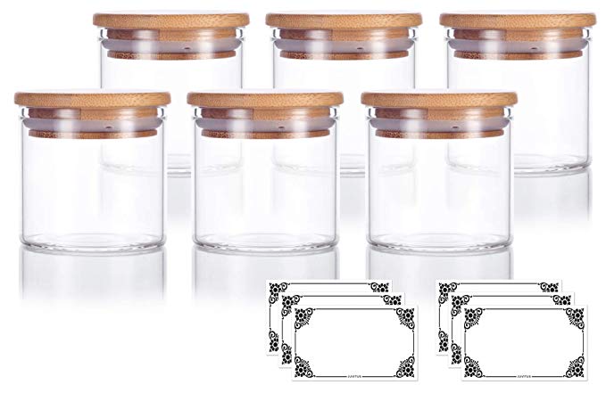 4 oz Premium Borosilicate Clear Glass Jars with Bamboo Silicone Sealed Lid (6 Pack)   Labels