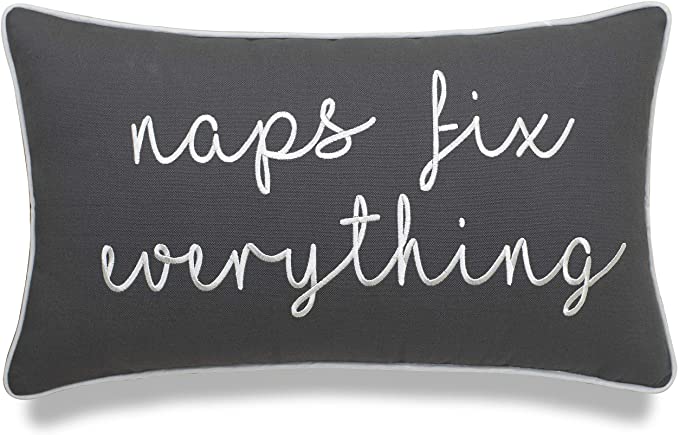 EURASIA DECOR Naps Fix Everything 12x20 Embroidered Decorative Lumbar Accent Throw Pillow Cover-Dark Grey
