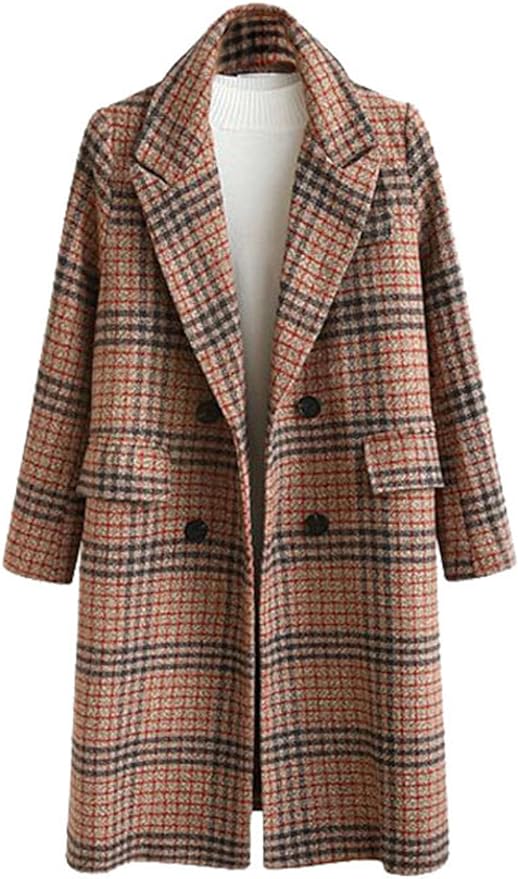 CHARTOU Women's Winter Oversize Lapel Collar Woolen Plaid Double Breasted Long Peacoat Jacket