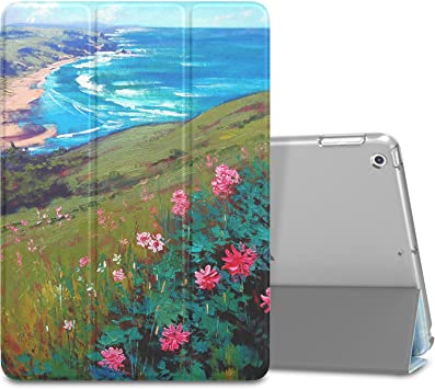 MoKo Case Fit 2018/2017 iPad 9.7 6th/5th Generation - Ultra Slim Lightweight Smart-Shell Stand Cover with Translucent Frosted Back Protector for iPad 9.7 Inch, Sea & Flower (Auto Wake/Sleep)