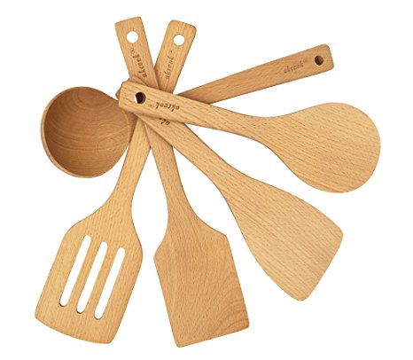 AKcook 5-Piece Cooking Tools Set, Wood Kitchen Utensils, Turner Spatula Ladle
