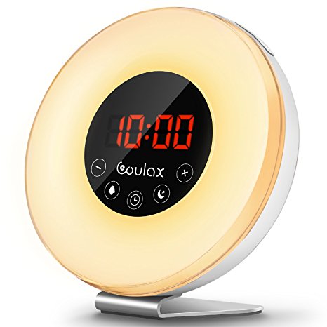 COULAX Wake Up Light Sunrise Alarm Clock Digital Clock Sunrise and Sunset Simulation with 7 Color Light, 6 Nature Sounds, FM Radio and Torch Control, Bedside Light For Heavy Sleepers and Kids