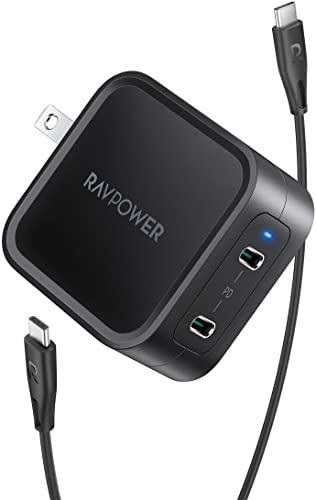 USB C Charger RAVPower 65W PD Charger 2-Port Foldable iPhone Fast Wall Charger, GaN Tech & PD 3.0 Compact Type C Adapter for iPhone 12 Max, MacBook Pro, Galaxy, Switch, iPad Pro(C to C Cable Included)