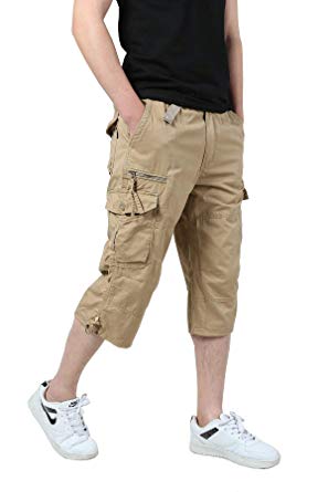 Ivnfout Men’s Casual Twill Elastic Cargo Shorts Below Knee Loose Fit Multi-Pockrt Capri Long Shorts