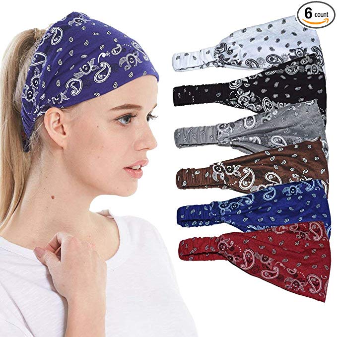 QING Headbands for Women Sweat Wicking Scarf Bandana Elastic Headband Wrap Pack of 6