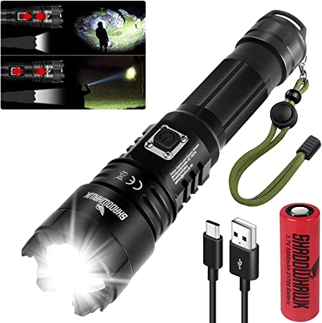Shadowhawk Torches LED Super Bright, 6000 Lumens Rechargeable LED Torch, USB Tactical Flashlight, XHP70.2, IP67 Waterproof, 5 Light Modes Zoomable, for Camping Hiking Emergency (with 5000mAh Battery)