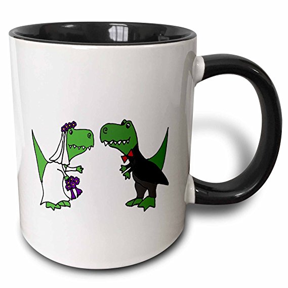 3dRose "Funny Green Trex Dinosaurs Bride and Groom Wedding Art" Mug, Black/Green, 11 oz