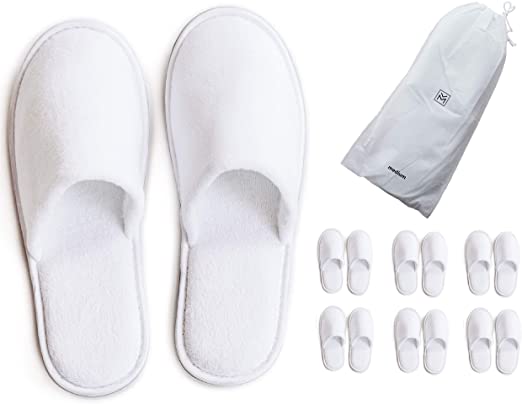 MODLUX Spa Slippers - 6 Pairs of Medium Sized Cotton Velvet Closed Toe Spa Slippers with Travel Bags, Comfortable and Non-Slip - Perfect For Home, Hotel or Commercial Use (6 Pack Medium, White)