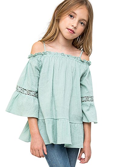 Mrignt Big Girls Cotton Casual Sling Off Shoulder Blouses 3/4 Speaker Sleeves Tops