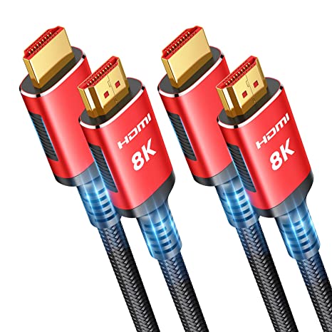 Snowkids 8K HDMI Cable 2.1 2-Pack 6.6FT, 48Gbps High Speed HDMI Braided Cord-4K@120Hz 144Hz 8K@60Hz, HDCP 2.2&2.3, Dynamic HDR, eARC,DTS:X, HDR 4:4:4 DTS: X Compatible for Roku TV/HDTV/PS5/Blu-ray