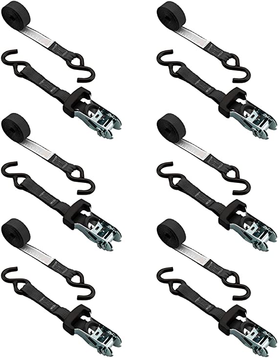 Ratchet Tie Down Straps with Hook - TOPSKY Ratchet Straps Heavy Duty, 3000 LB Break Strength 1 x 10 FT, Pack of 6,Black