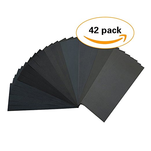 42 Pcs Wet Dry Sandpaper 120 to 3000 Grit Assortment 9 3.6 Inches Abrasive Paper Sheets for Automotive Sanding, Wood Furniture Finishing, Wood Turing Finishing