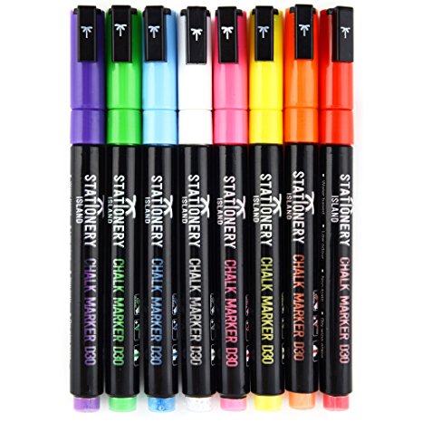 Stationery Island Chalk Pens D30 3mm Fine Bullet Nib - Dry Wipe Erase Chalk Markers Pack of 8 Colours