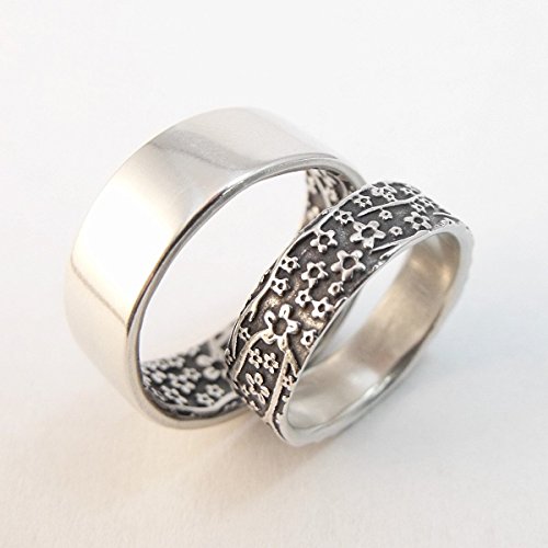 Wedding Band Set - Inside and Outside Cherry Blossom Pattern rings in Sterling Silver