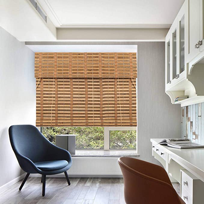 TJ Global Bamboo Roll Up Window Blind Sun Shade, Light Filtering Roller Shades with Valance (Caramel Toffee, 24" x 64")