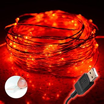 100 Fairy String LED Lights - Indoor/Outdoor, Waterproof, Flexible Copper Wire with USB 33 Ft/10M (Red)