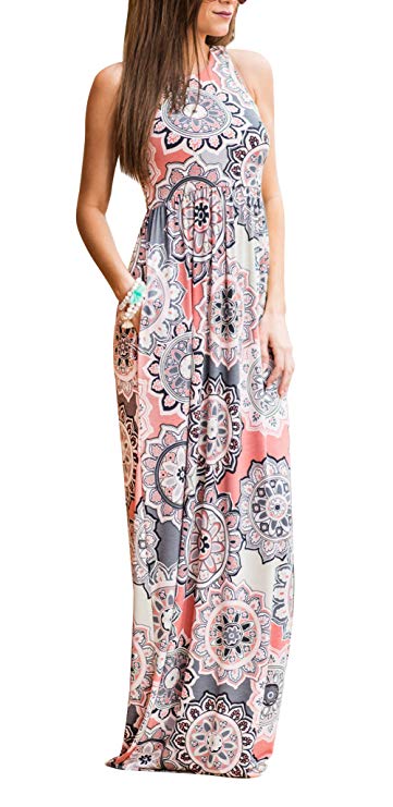 ZZER Women's Sleeveless Floral Racerback Loose Swing Casual Tunic Beach Long Maxi Dresses with Pockets