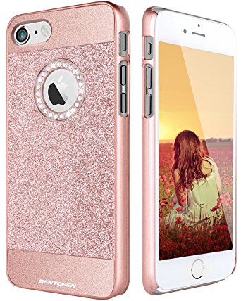 iPhone 7 Case, BENTOBEN Sparkly Rhinestone Bling Hybrid Slim Hard Case Laminated with Luxury Shiny Synthetic Leather Protective Cover for iPhone 7 (4.7 inch), Rose Gold