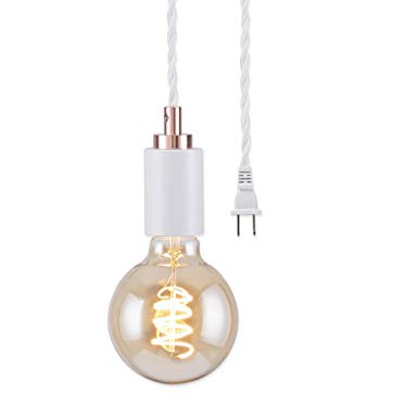 BRIGHTTIA Simple Top Plug-in Mini 1-Light Pendant, Minimalist Exposed Bulb Design, White with Rose Gold Top Cap, 16.4' Braided White Fabric Cord with in-Line On/Off Switch, BP0005-1AP