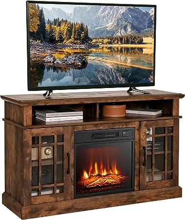 COSTWAY Electric Fireplace TV Stand for TVs Up to 55 Inches, 18-Inch Fireplace Insert with Remote, Overheat Protection, 48-Inch Wooden Media Entertainment Center with Adjustable Shelves, Brown