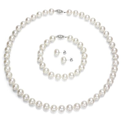 Sterling Silver 9-9.5mm White Freshwater Cultured Pearl Necklace 18" , Bracelet 7" and Stud Earrings