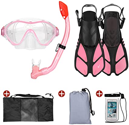 Odoland 6-in-1 Kids Snorkeling Packages Snorkel Set, Dry Top Snorkel Mask Anti-Fog Anti-Leak with Adjustable Swim Fins, Beach Blanket and Waterproof Case for Children, Juniors, Boys and Girls Age 9-15