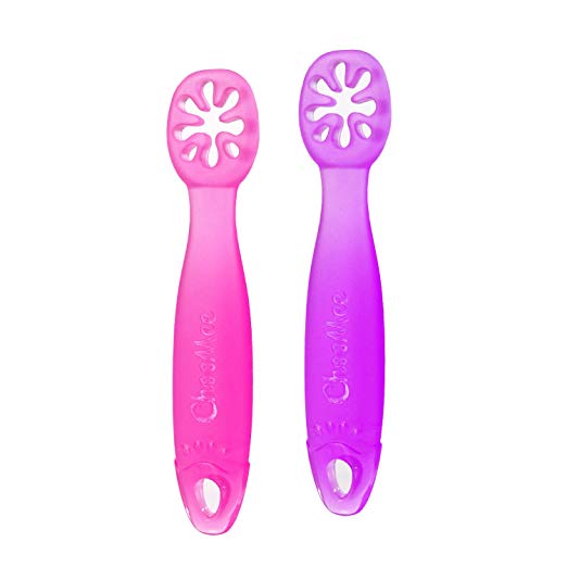 ChooMee Baby Starter Spoon | 100% Silicone DualFlex - Firm Handle to Soft Spoon, Bends With Every Bowl | 2 CT | Pink Purple