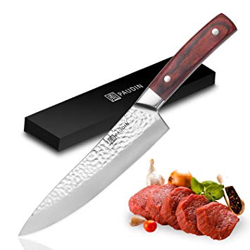 PAUDIN 8 inch Chef Knife - Pro Kitchen Knife High Carbon Stainless Steel 7Cr17Mov Hammer Pattern Sharp Knife with Ergonomic Handle, Best Kitchen Knife for Dealing with Meat, Fruit and Vegetables