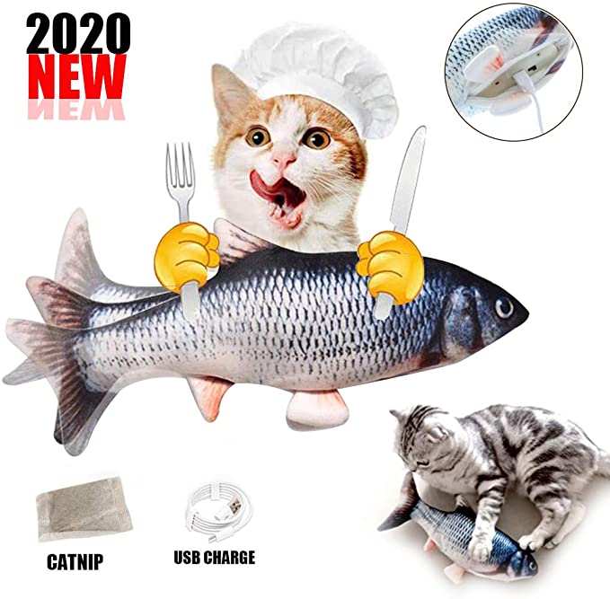 【2020 New】 Moving Cat Kicker Fish Toy,Realistic Plush Simulation Electric Doll Fish, Wiggle Fish Catnip Soft Interactive Chewing Toy,Electric Moving Interactive Cat Toy, Fun Toy for Cat Exercise