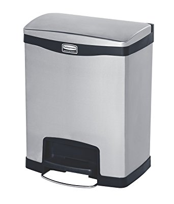 Rubbermaid Commercial 1901985 Slim Jim Stainless Steel Front Step-On Wastebasket, Front-Step, 8-gallon, Black