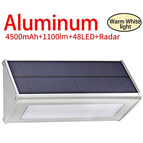 Licwshi 1100 Lumens Solar Light 48 LED 4500mAh Waterproof Outdoor Aluminum Alloy Housing, Radar Motion Sensor Light for Step, Garden, Yard, Deck -warm white light( 2018 new Version - 1 Pack)