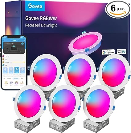 Govee Smart Recessed Lighting 6 Inch, Wi-Fi Bluetooth Direct Connect RGBWW LED Downlight, 65 Scene Mode, Work with Alexa & Google Assistant, LED Recessed Lighting with Junction Box, 1100 Lumen, 6 Pack